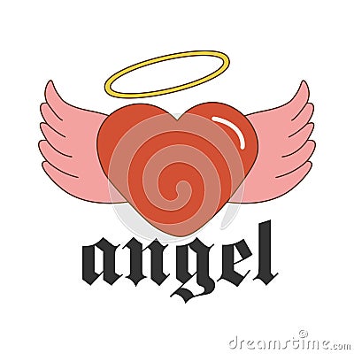 Angel gothic lettering quote and heart with pink wings. Nostalgic in Y2k style. Perfect print for tsirt. Isolated on a white Vector Illustration