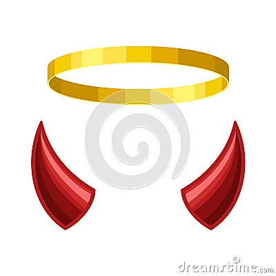 Angel halo and devil horns isolated on white background. Nimbus and demon horn. Heaven and Hell concept, good and bad Vector Illustration