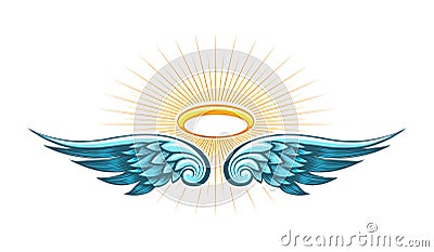 Angel Halo with Wings Religious Colored Engraving Tattoo Cartoon Illustration