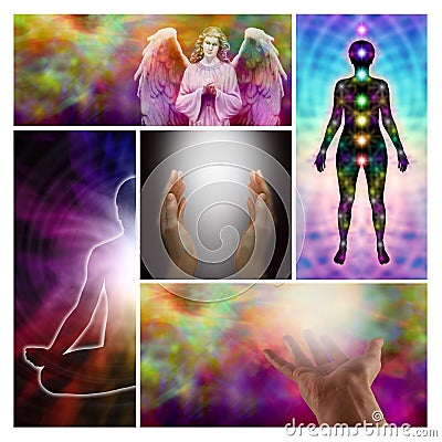 Angel healing hands collage Stock Photo