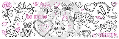 Angel and heart tattoo art 1990s-2000s. Love concept. Happy valentines day stickers. Vector Illustration