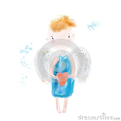 Angel holding heart in hands. Digital watercolor artisitic illustration for cards and prints Vector Illustration