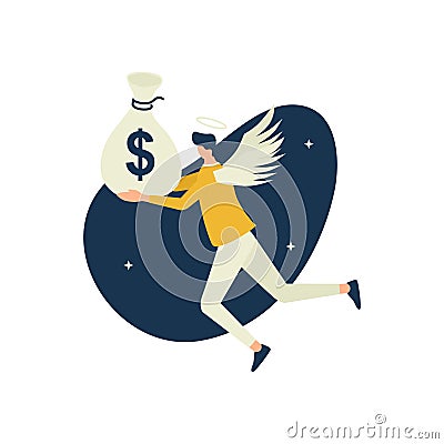 Angel investor flying bring money in sack Vector Illustration