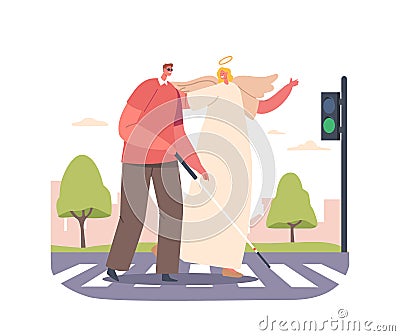 Angel Keeper Guides Blind Man Safely Across The Road, Offering Support And Assistance In Navigating The Bustling Traffic Vector Illustration