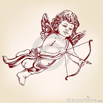 Angel , little baby. Cupid shoots a bow with an arrow, Valentine`s day, greeting card hand drawn vector illustration Vector Illustration