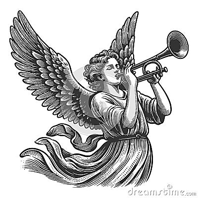 Angelic Trumpeter with Wings engraving vector Vector Illustration