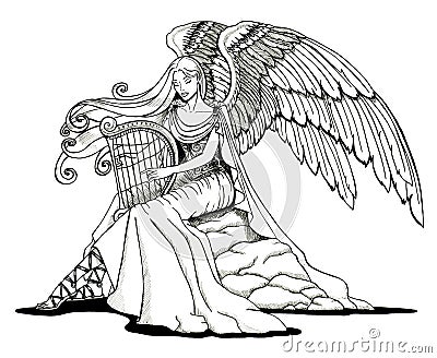Angel playing a harp Cartoon Illustration