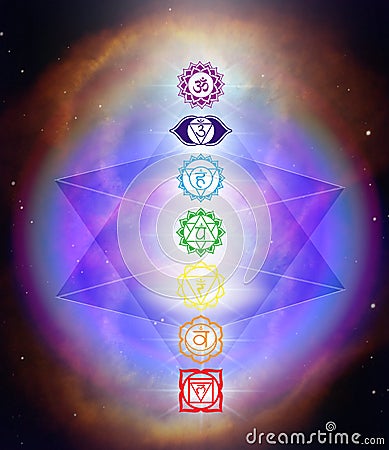 Human body 7 Chakras energy system, yoga meditation, rainbiw spiritual energy healing, merkaba, star soul portal Stock Photo