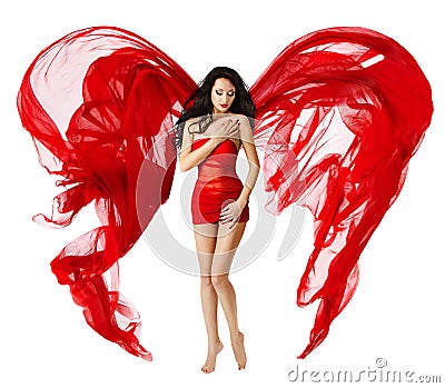 Angel Red Wings, Woman with Fabric Wing and Broken Heart, Fashion Model Stock Photo