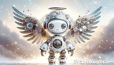 Angel Robot with Mechanical Wings and Halo Stock Photo