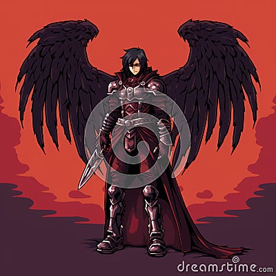 Dark Winged Angel: A Crimson Cartoony Character In 16-bit Style Cartoon Illustration