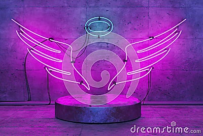 Angel shaped neon lamp with base for product display Stock Photo