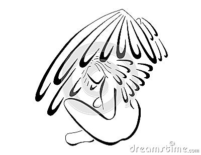 Angel Sitting With Wings Flared, Stylized Line Art Stock Photo