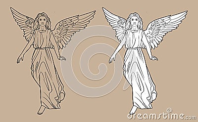 Angel Sketch. Christmas Christian Christmas drawing with black lines isolated Vector Illustration