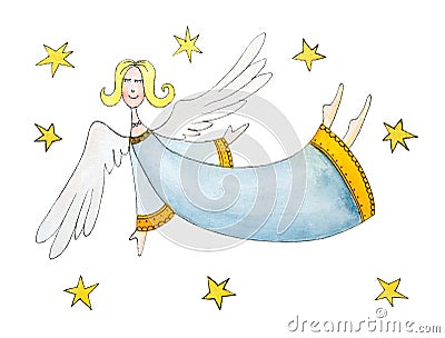 Angel with stars, childs drawing, watercolor paint Stock Photo