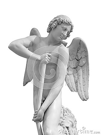 Angel statue isolated on white background with clipping path. White stone sculpture of praying cherub Stock Photo