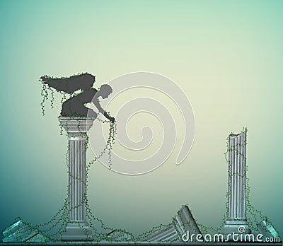 Angel statue on the marple column between ancient ruins with curly plants, immortality of civilization, secret place in Vector Illustration