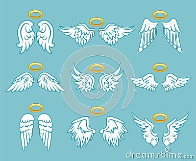 Angel white feather wings with nimbus set Vector Illustration