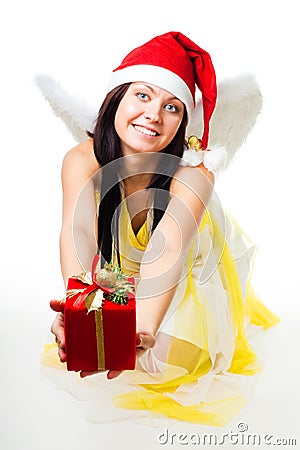 Angel with white wings give present Stock Photo