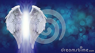 Angel Wings on Blue Bokeh Banner Stock Photo