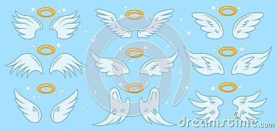 Angel wings. Cartoon angels wing and nimbus, winged angel holy sign, heaven elegant angel wings vector illustration Vector Illustration