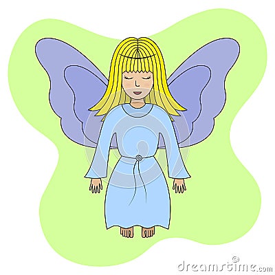 Angel with wings. Colored vector illustration. Blonde girl. The fairy lady closed her eyes. The little sorceress is flying. Vector Illustration