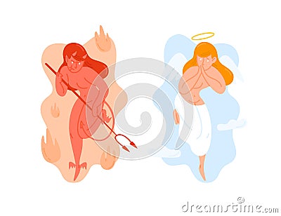 Angel with wings and Devil holding pitchfork. God and Satan. Heaven and hell creatures. Good and evil female cartoon Vector Illustration