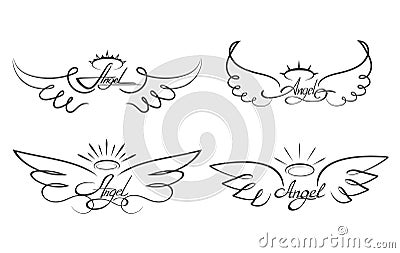 Angel wings drawing vector illustration. Winged angelic tattoo icons Vector Illustration