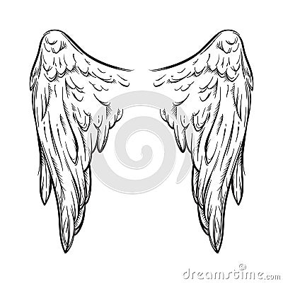 Angel wings isolated on white background hand drawn vector illustration. Black work, flash tattoo or print design Vector Illustration