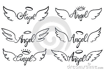 Angel wings lettering. Heaven wing, heavenly winged angels and holy wings sketch vector illustration set Vector Illustration
