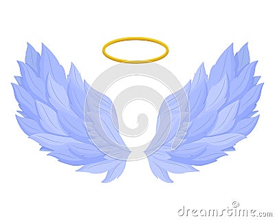 Angel wings with nimbus. Sacred heavenly freedom blue wings with golden crown in middle. Vector Illustration