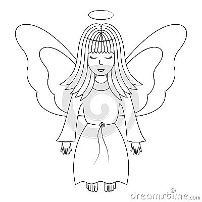 Angel with wings. Sketch. Vector illustration. A girl with a halo over her head. The fairy lady closed her eyes. Vector Illustration