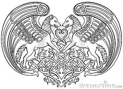 Angel wolves in love Celtic ornament Vector Illustration