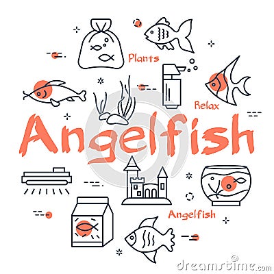 Angelfish circular vector banner. Linear aquarium icons in cirlce design Vector Illustration