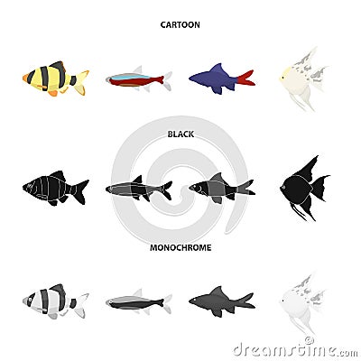 Angelfish, common, barbus, neon.Fish set collection icons in cartoon,black,monochrome style vector symbol stock Vector Illustration