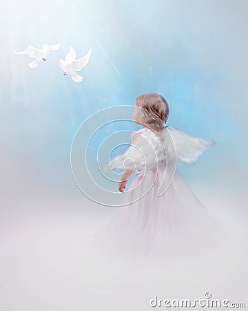 Angelic child with doves Stock Photo