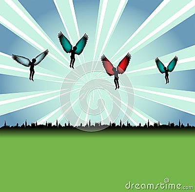 Angels above the city Vector Illustration
