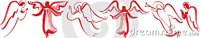 Angels border, hand drawn watercolor, isolated figures on white background, red chinese graphics Stock Photo