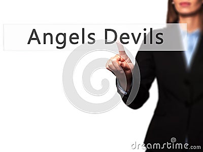 Angels Devils - Businesswoman hand pressing button on touch screen interface. Stock Photo
