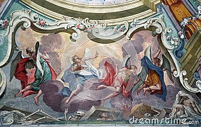 Angels, fresco on the ceiling of the St John the Baptist church in Zagreb, Croatia Editorial Stock Photo