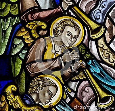 Angels making music in stained glass Stock Photo