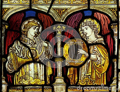 Angels making music (stained glass) Stock Photo