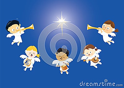 Angels singing and playing instruments Vector Illustration