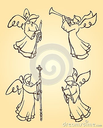 Angels Worshipping Set Vector Illustration