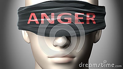 Anger can make things harder to see or makes us blind to the reality - pictured as word Anger on a blindfold to symbolize denial Cartoon Illustration