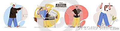 This is Anger concept scenes set. Aggressive men and women screams Vector Illustration