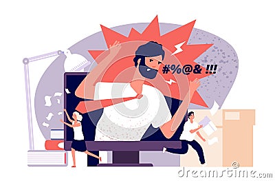 Anger concept. Tired, frustrated and scared employees run away from angry boss while online meeting. Office pressure Vector Illustration