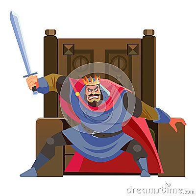 Anger. The evil king expresses his negative emotions. Emperor character with sword in hand, shouting is furious. Cartoon Vector Illustration