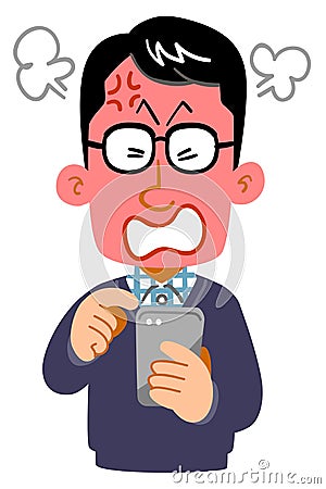 Anger expression of a man wearing glasses operating a smartphone Vector Illustration