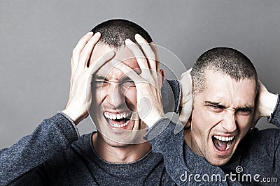 Anger, male headache, burn out or mad bipolar behavior Stock Photo